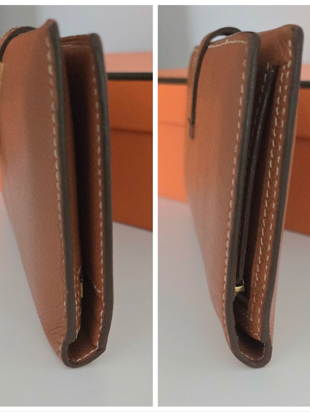 Authentic HERMES Bearn Soufflet Bifold Brown & Gold Iconic "H" Wallet Clutch Set - Picture 12 of 16
